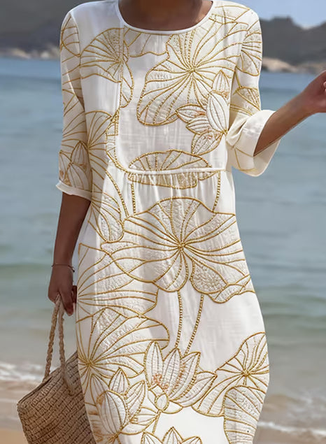 Women's Casual Floral Print Round Neck Dress | Beige
