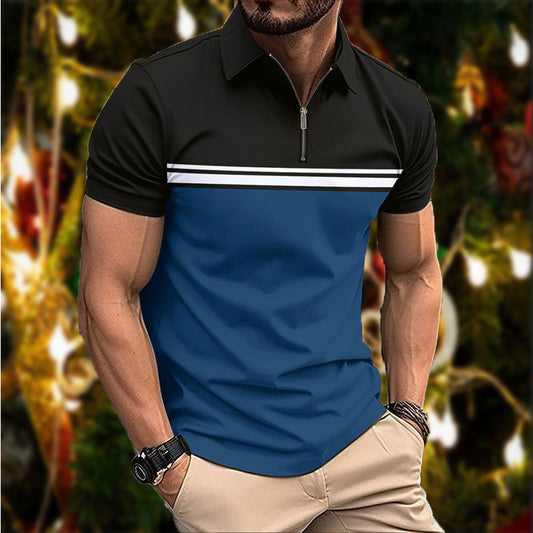 Men's Colour-Block Mesh Polo Shirt - Pointed Collar Zipper Detail S-6XL