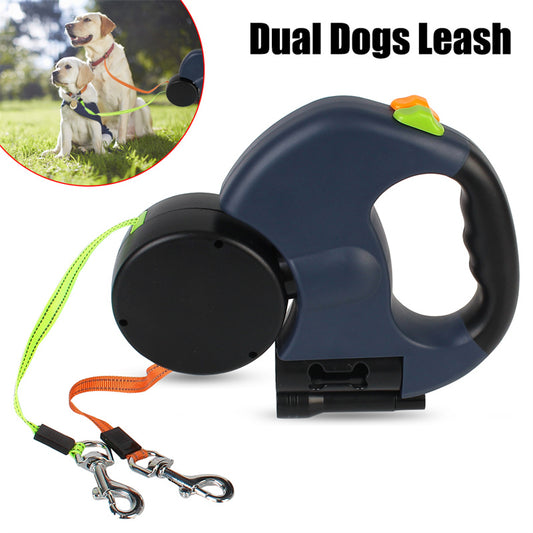 Dual Retractable Dog Lead | 3m Two-Dog Leash with Torch & Poop Bag Holder