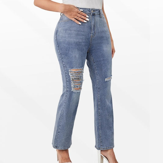 Women's Plus Size Distressed Flared Jeans - Dark Blue, 1XL-5XL