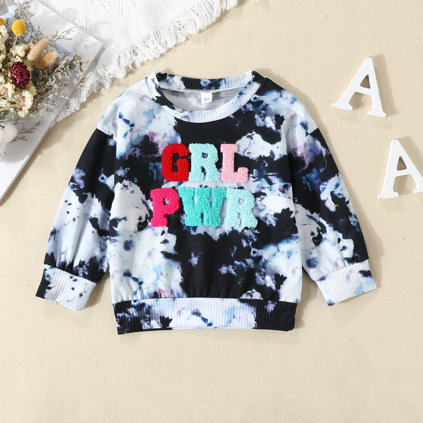 Girls' Letter Print Tie-Dye Long Sleeve Top | Kids Cotton Top