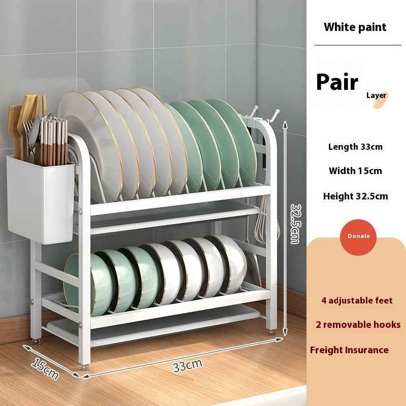 Double-Layer Carbon Steel Dish Rack & Kitchen Storage Rack with Chopstick Canister