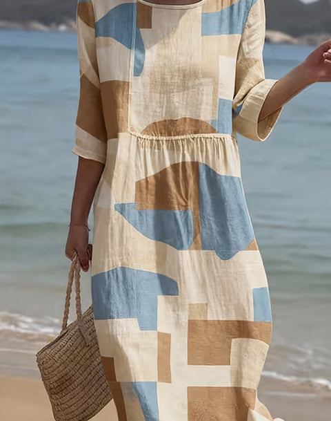 Women's Casual Round Neck Mid Sleeve Printed Dress | Beige