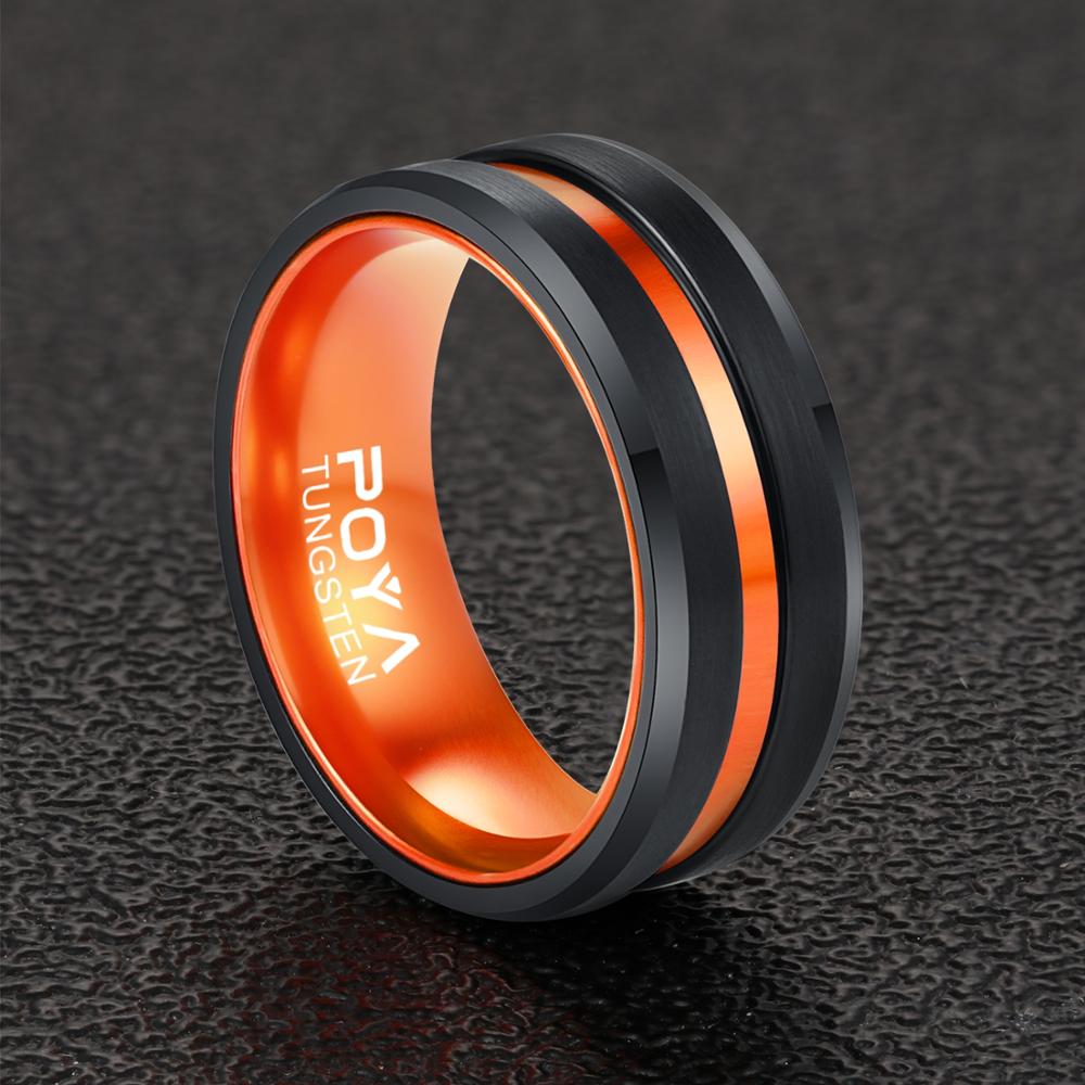 Men's Black Ring with Orange Ceramic Inner Band – Two-Tone Geometric Ring
