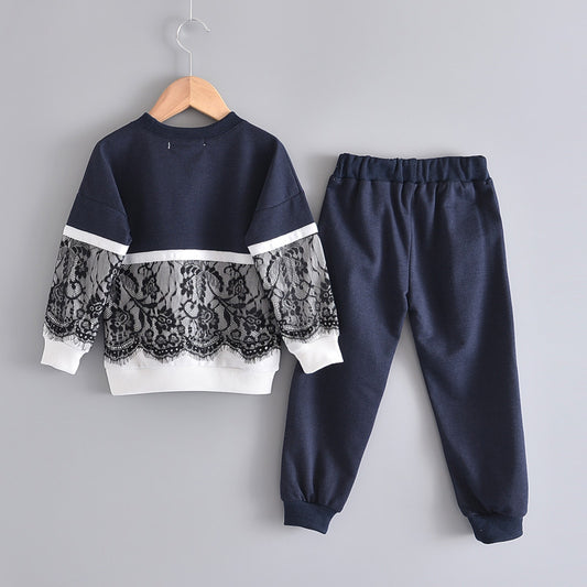 Girls' Lace-Trim Sweatshirt & Trousers Two-Piece Set