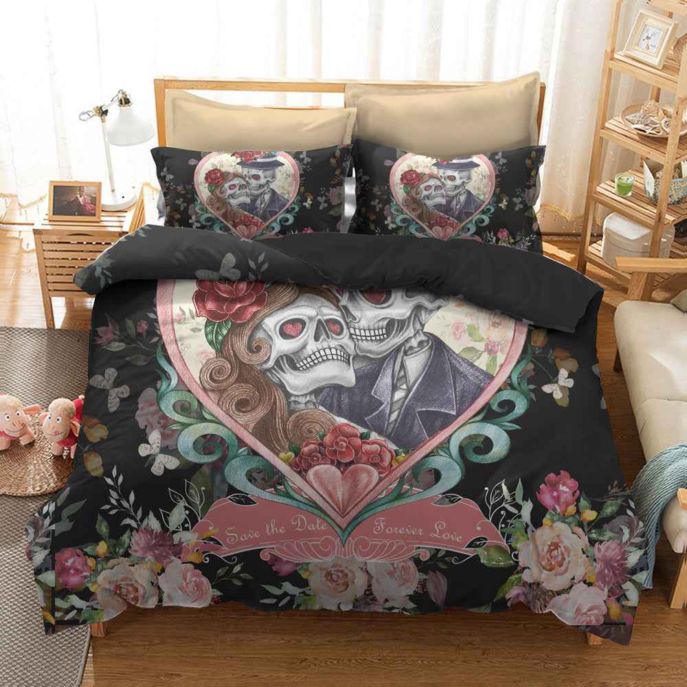 Watercolour Flower Skull Bedding Set – Gothic Polyester Duvet Cover Set