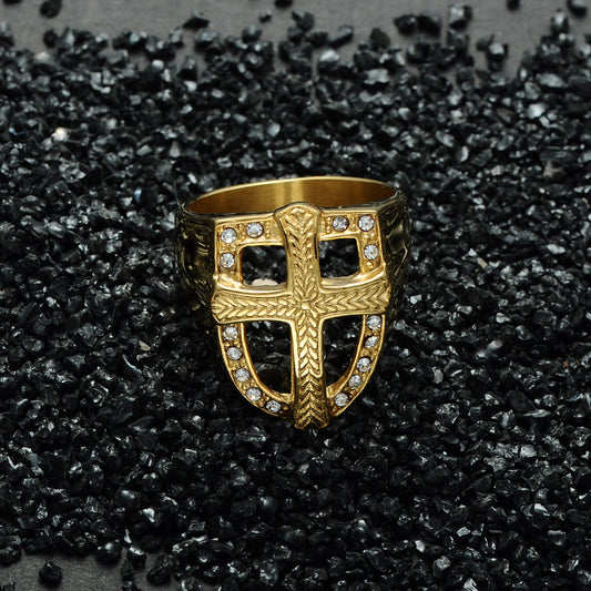 Men's Titanium Steel Shield Cross Ring – Gold Plated Gemstone Statement Band
