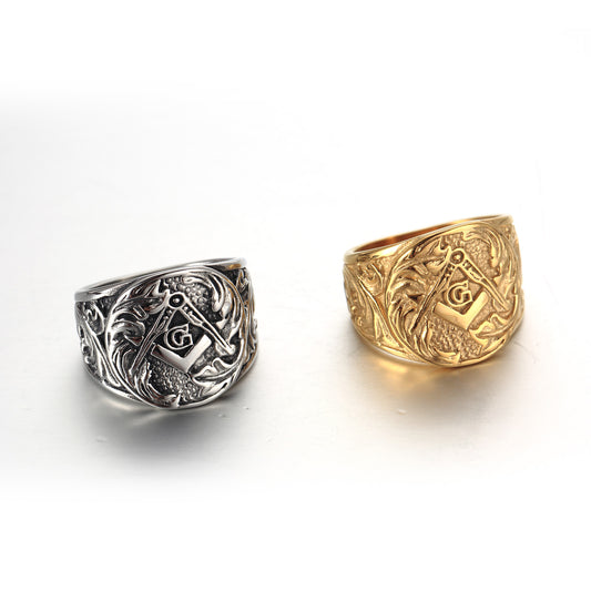 Men's Titanium Steel Vintage Masonic Ring – Electroplated Geometric Band Gold & Silver