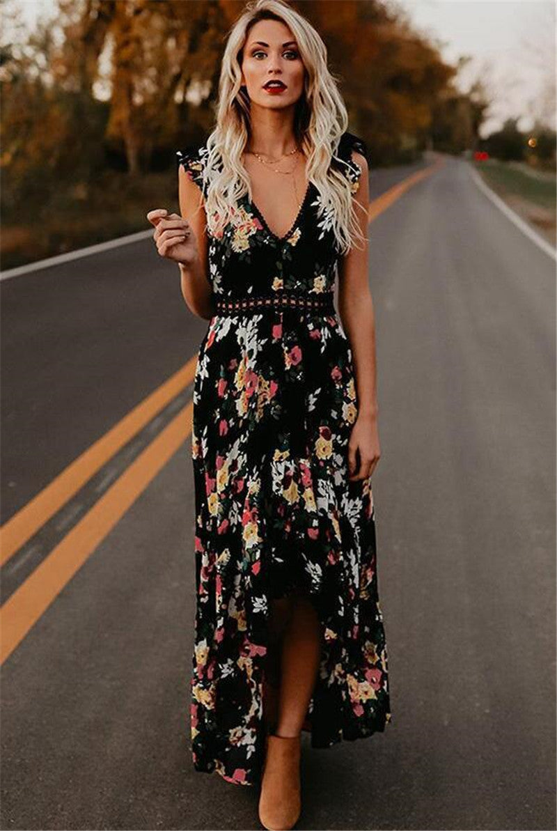 Women's Sleeveless Halter-Neck Printed Ruffle Maxi Dress | High-Waist Cotton Pullover Dress