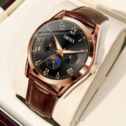 Men's Luminous Quartz Watch | Water Resistant | Black, Brown & White