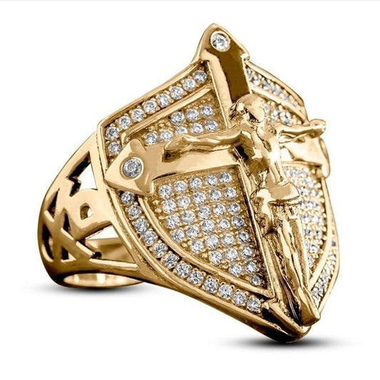 Unisex Alloy Gold Jesus Cross Shield Ring – Electroplated Faith Statement Band