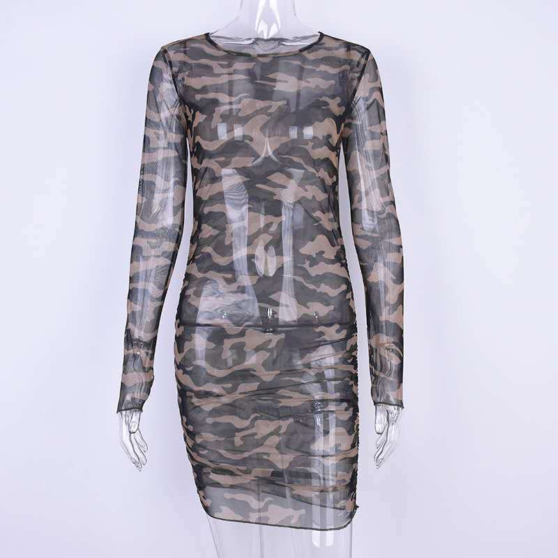 Women's Camouflage Mesh See-Through Bodycon Dress | Long-Sleeve Slim-Fit Mini Dress