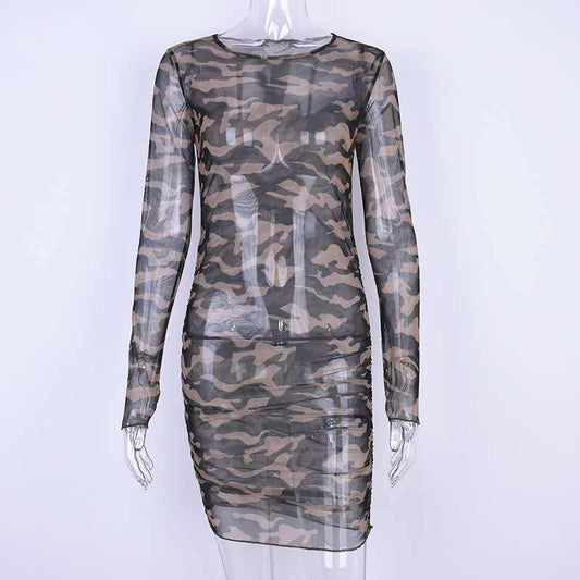 Women's Camouflage Mesh See-Through Bodycon Dress | Long-Sleeve Slim-Fit Mini Dress