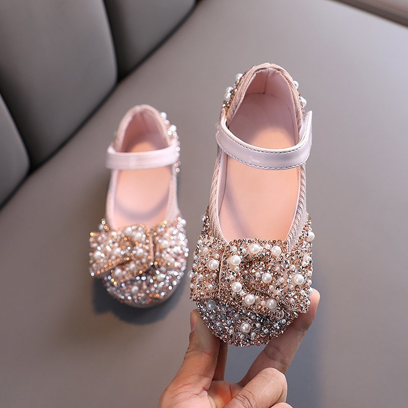 Girls' Rhinestone Princess Shoes - PU Leather Velcro Flat Sole Dress Shoes