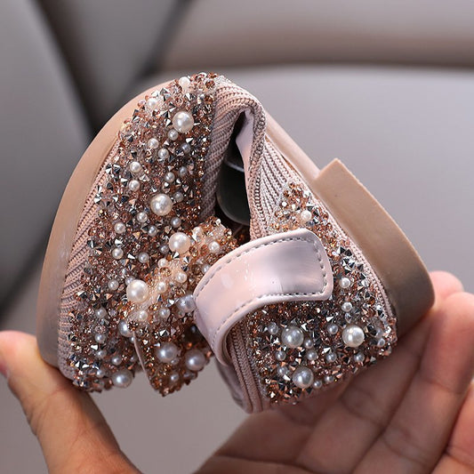 Girls' Rhinestone Princess Shoes - PU Leather Velcro Flat Sole Dress Shoes