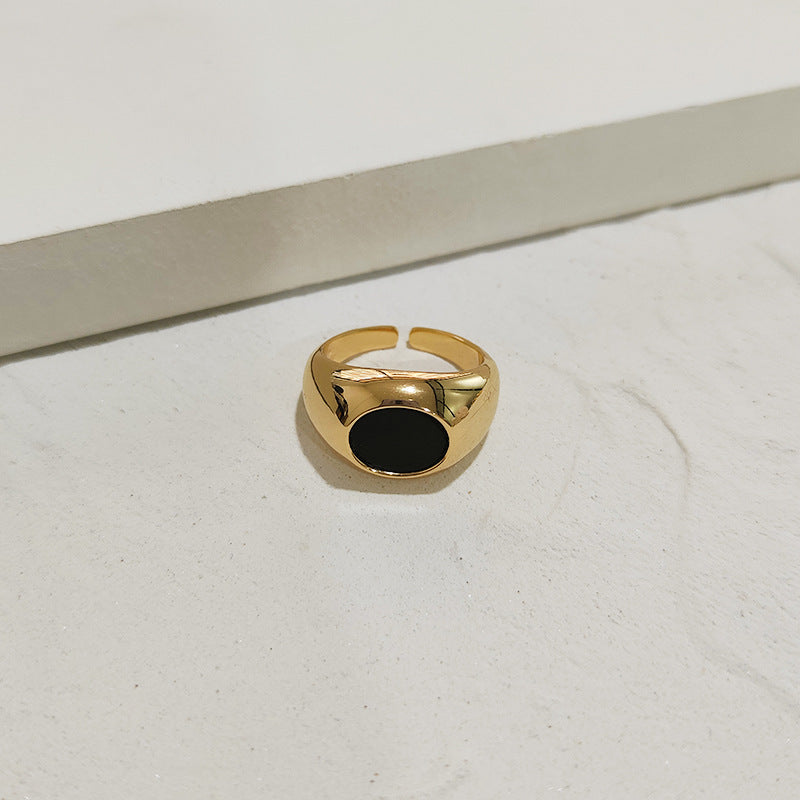 Unisex Brass Black Shell Ring – Gold Adjustable Square & Round Minimalist Band