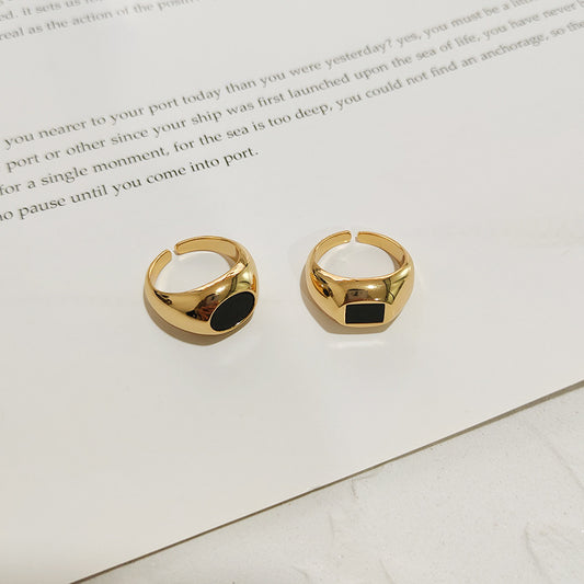 Unisex Brass Black Shell Ring – Gold Adjustable Square & Round Minimalist Band