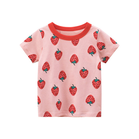 Girls Strawberry Print Short Sleeve Cotton T-Shirt – 100% Cotton