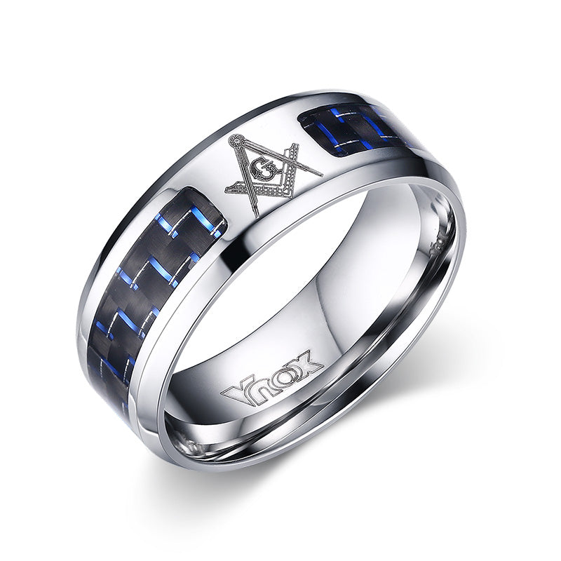 Unisex Stainless Steel 8mm Punk Ring – Carbon Fibre & Masonic Band