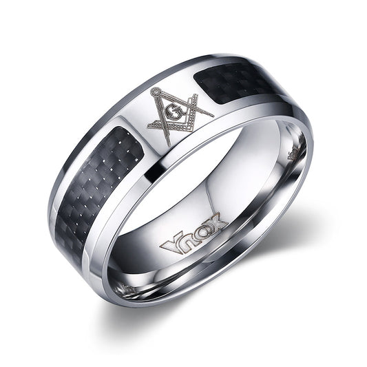Unisex Stainless Steel 8mm Punk Ring – Carbon Fibre & Masonic Band