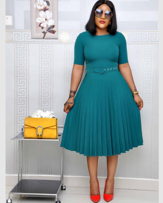 Women's Round-Neck Pleated Swing Dress | Casual Full-Hem Polyester Dress in 3 Colours