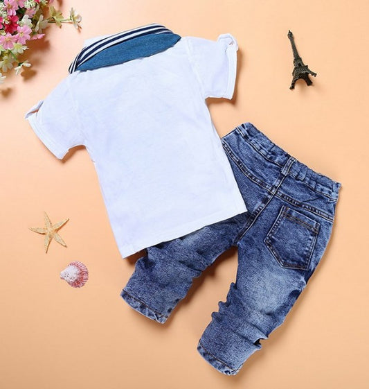 Boys Cotton Casual Suit Set | White Short Sleeve Two-Piece | Heights 85-120cm