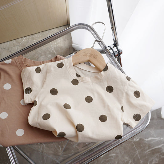 Kids Unisex 100% Cotton Polka Dot T-Shirt – Cream & Beige