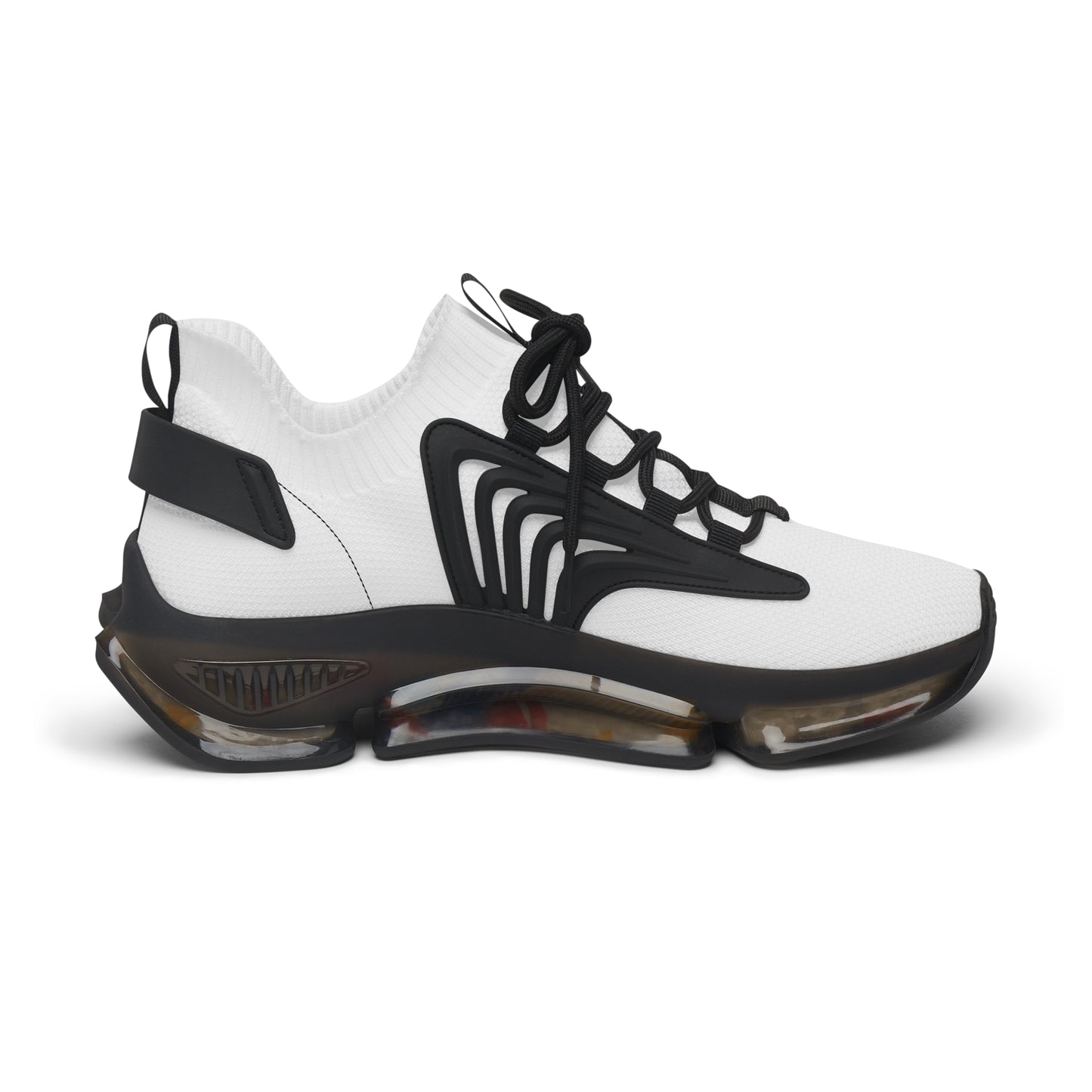 White and black sneaker with unique design on a white background