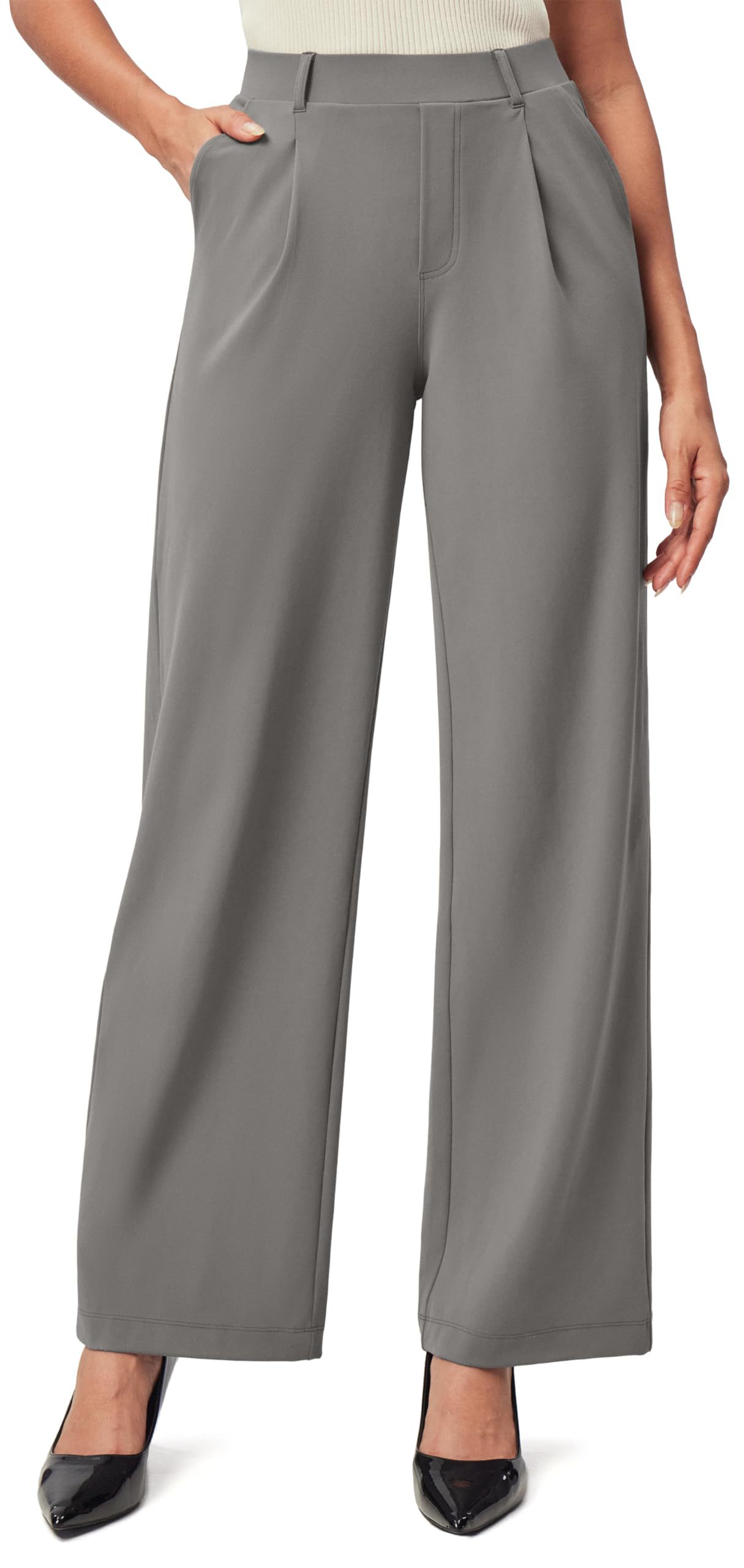 Women's High Waist Wide-Leg Work Trousers - Nylon Blend