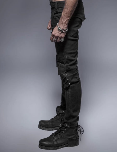 Men's Steampunk Armour Denim Jeans – Slim Fit Washed Black, S–4XL