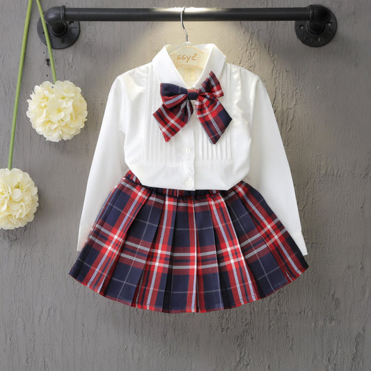 Girls' Long-Sleeve Shirt & Plaid Skirt Set | Red Plaid | Ages 3–8