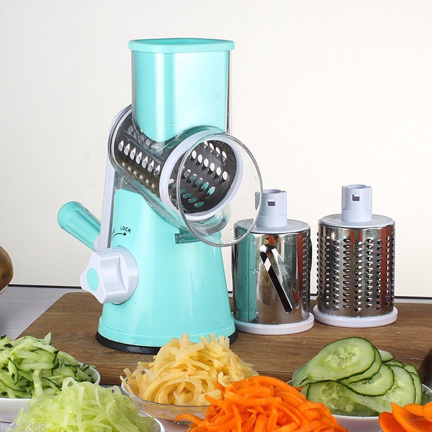 Drum Vegetable Shredder & Grater — 3-in-1 Rotary Mandoline Slicer with Suction Base