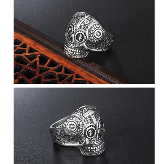 Men's Titanium Steel Cross Skull Ring – Punk Vintage Statement Band Steel & Gold