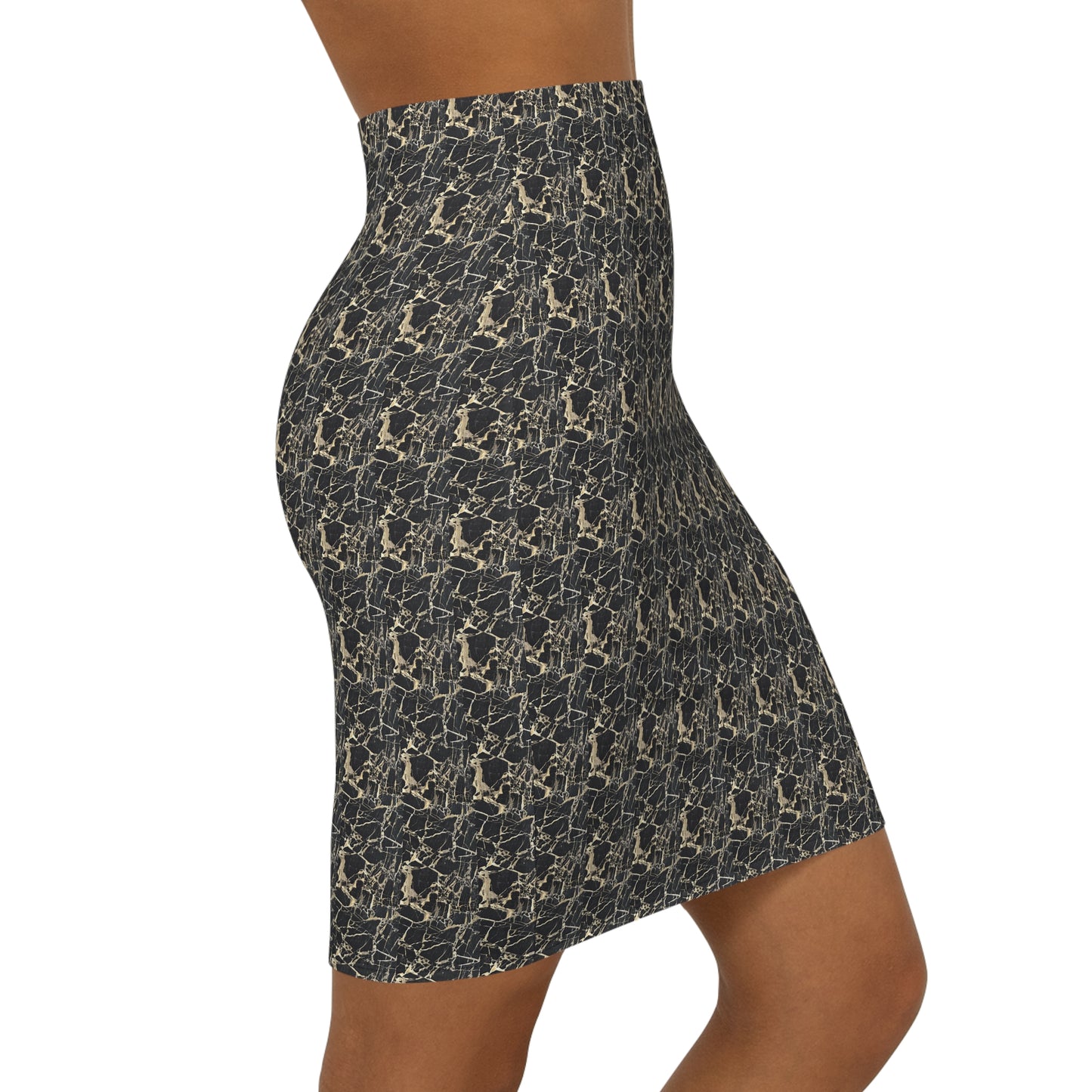 Patterned skirt worn by a person on a white background