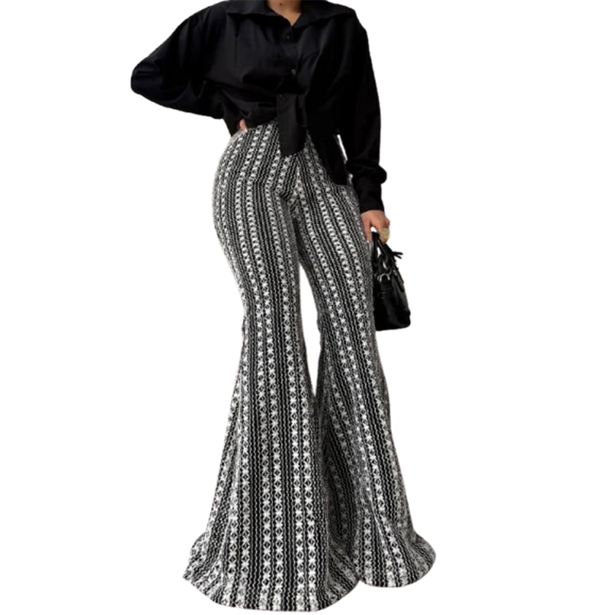Women's Striped Flare Trousers - Mid-Rise Stretch