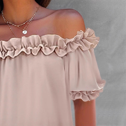Women's Ruffled Off-Shoulder Short-Sleeve Top | Casual Ruffle Trim Polyester Blouse