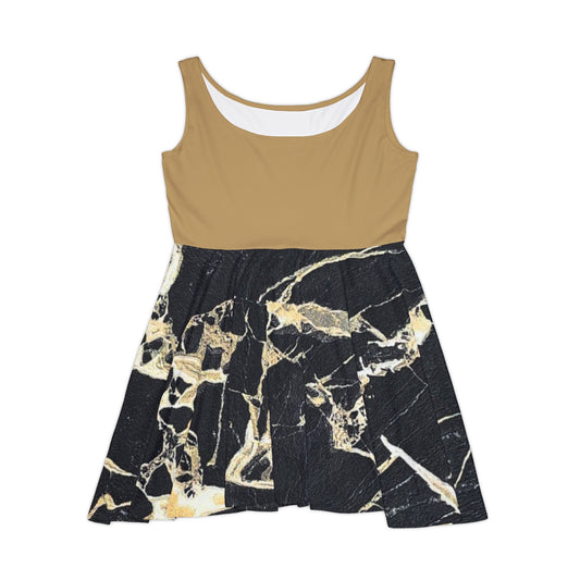 Parker Square Marbled Black & Gold Skater Dress – Luxury Print A-Line Midi Dress