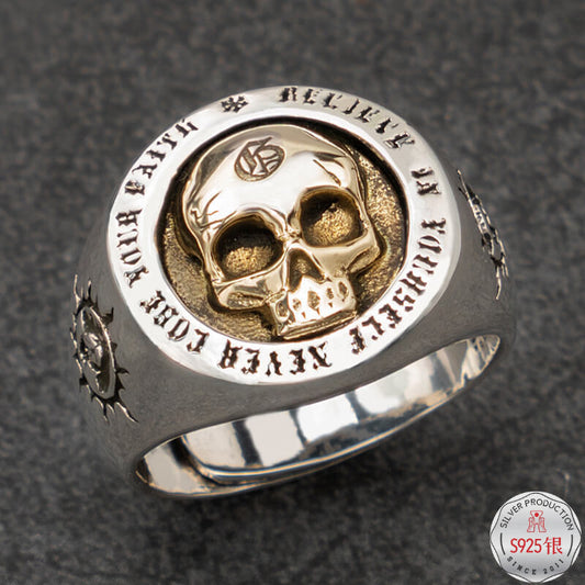 Men's S925 Silver Skull Ring – Punk Rock Geometric Adjustable Band