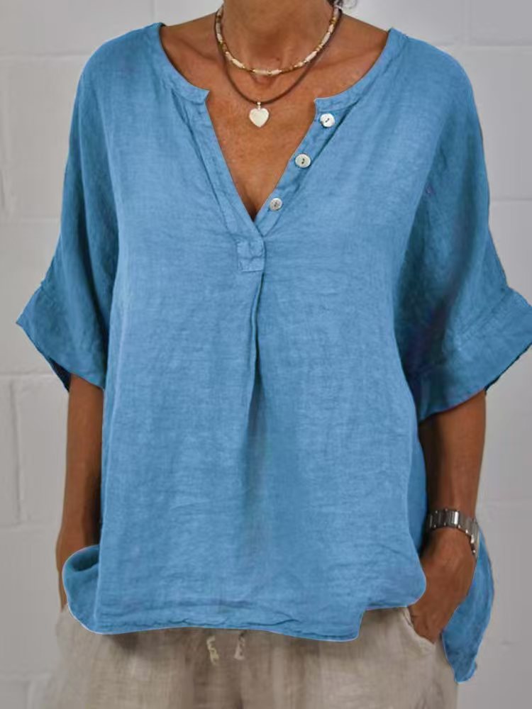 Women's Cotton-Linen V-Neck Button-Up Shirt | Relaxed Fit Casual Top