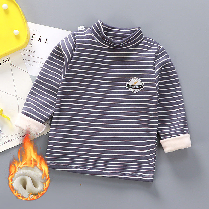 Children's Stripe Velvet-Lined Thermal Base Layer Top | High Collar Boys & Girls
