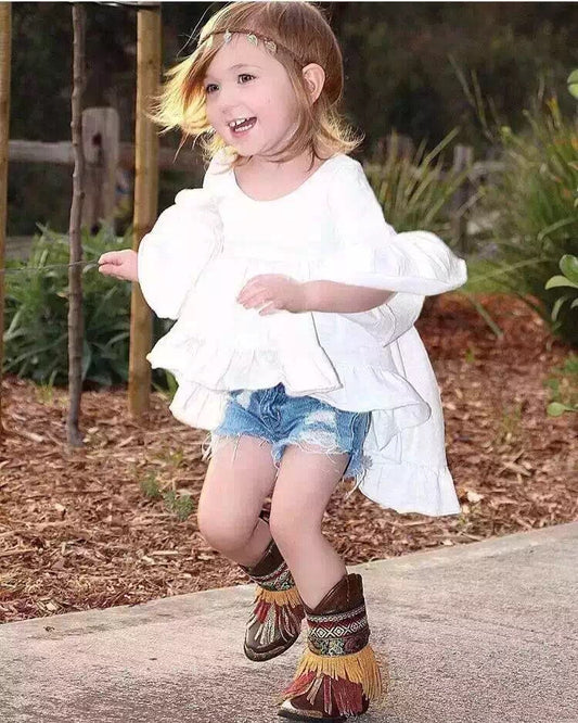 Girls Slub Cotton Short Sleeve Top with Skirt Hem – White