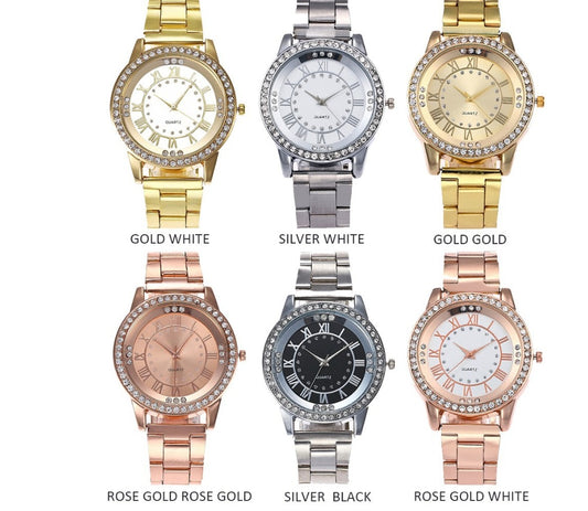 Women's Rhinestone Quartz Watch | Round 40mm Alloy Case Dress Watch in 6 Finishes