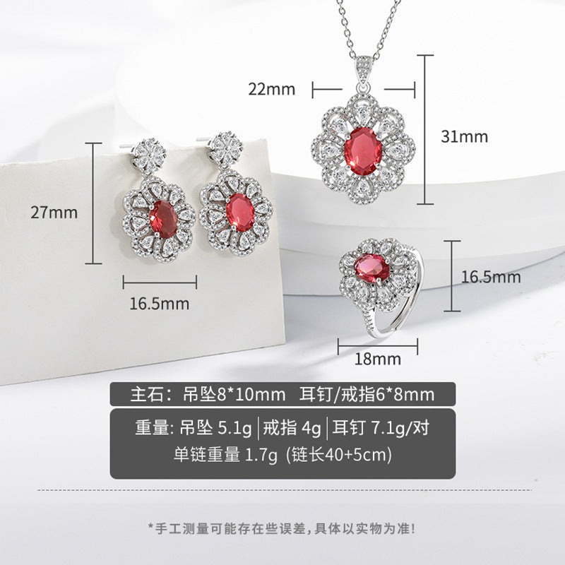 Women's Zircon Floral Jewellery Set – Copper Earrings, Necklace & Ring