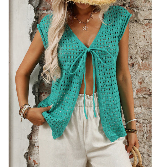 Women's Hollow-Out Short-Sleeve Knitted Cardigan | Lightweight Acrylic Sweater Top