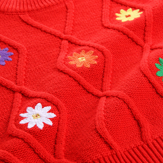 Girls Embroidered Flower Knit Sweater – Round Neck Cotton Top