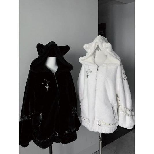 Women's Cat-Ear Mid-Length Coat - Long Sleeve Polyester Outerwear Black White