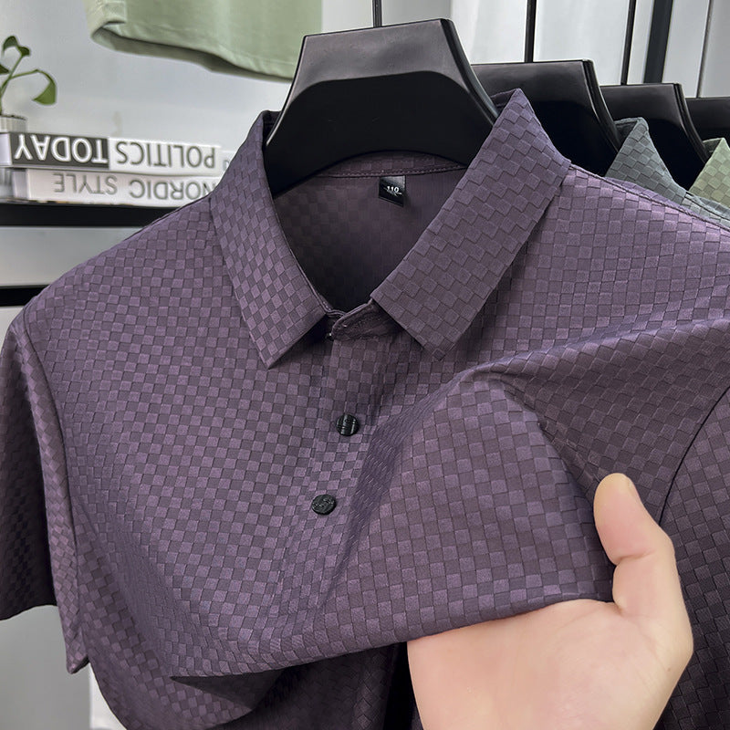 Men's Jacquard Plaid Ice Silk T-Shirt | Lapel Collar | M–4XL
