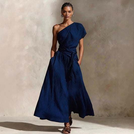 Women's Linen Blend Maxi Dress | Short Sleeve Elastic Waist