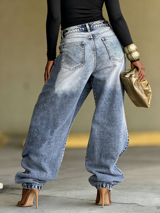 Women's Deconstructed Patchwork Washed Denim Jeans - Blue, S-3XL