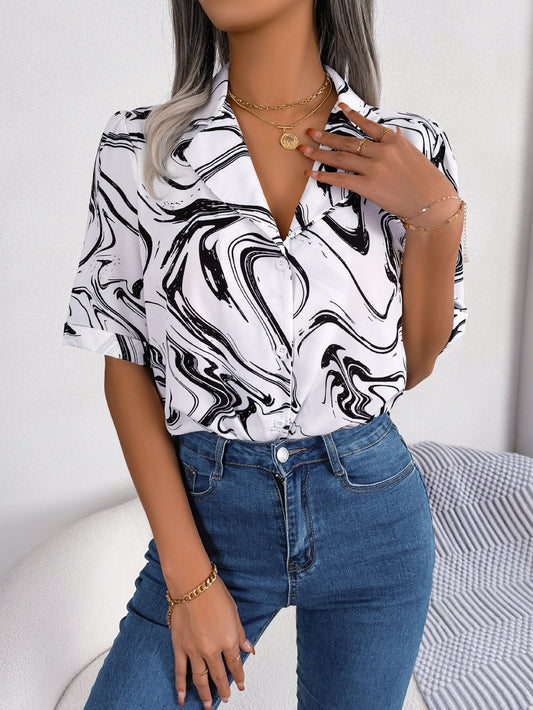 Women's Colour Block Loose Short Sleeve Shirt | Notched Lapel